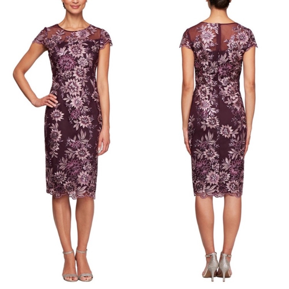 NEW Alex Evenings Embroidered Floral Lace Cocktail Dress Cap Sleeves Size 6 Plum - Picture 2 of 14